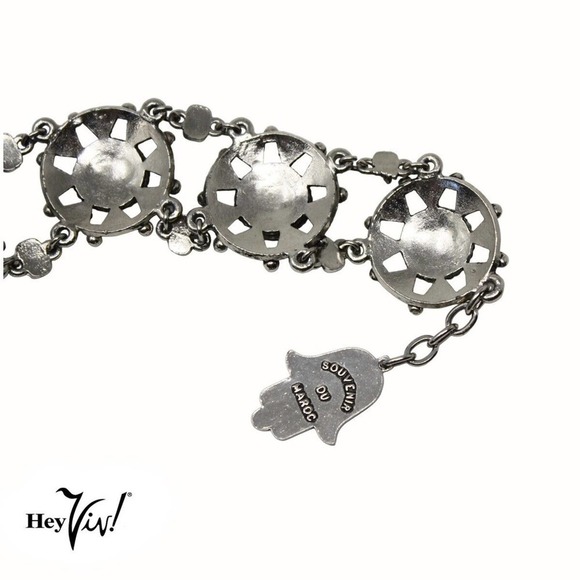 Vintage Souvenir Du Maroc Ornate Silver Bracelet w Square Beads & Hamsa -Hey Viv - Picture 4 of 6